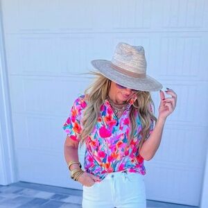 Salty Wave Vibrant Floral Short Sleeve Blouse